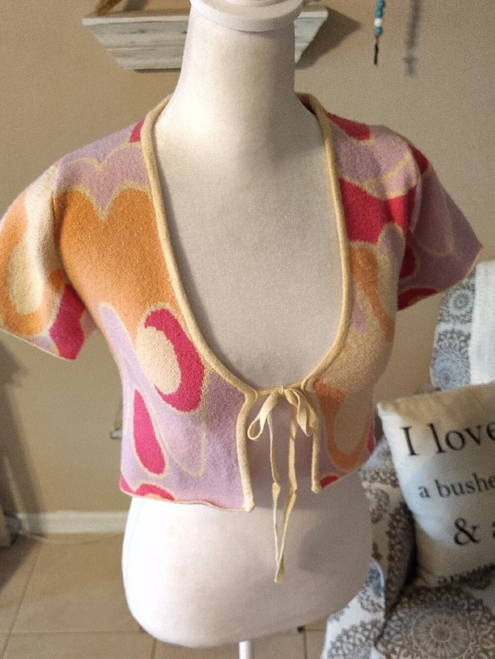 Peppermayo Pastel Knit Tie Front Crop Top in Pink & Yellow Trim Festival
